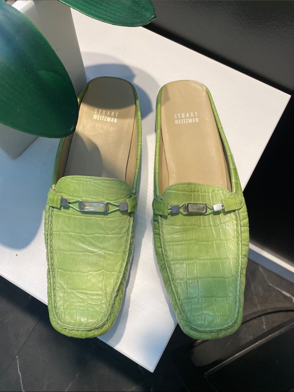 Stuart Weitzman Bright Green Croc-Embossed Leather Bit Mules
